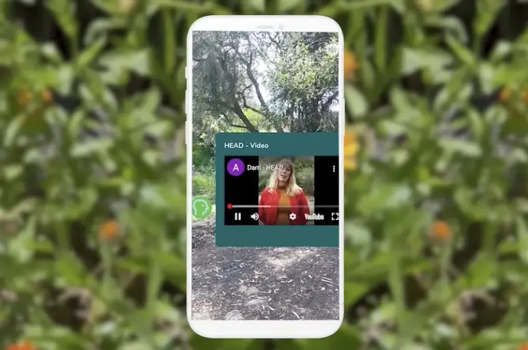 Smartphone displaying an AR navigation view with an embedded video overlay of a presenter in an outdoor wooded area