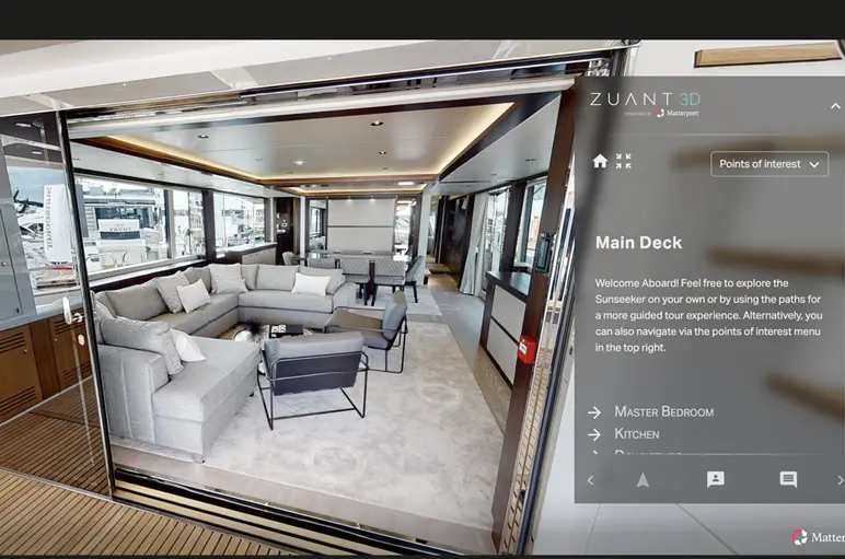 Interactive Zuant 3D overlay of a luxury yacht's main deck powered by Matterport, featuring navigation points and tour options