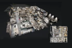 A LiDAR-generated dolls house view of a property alongside a detailed 2D floor plan, used to support accurate insurance evaluations.