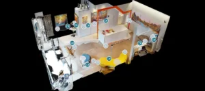 A LiDAR-generated dolls house view of a property alongside a detailed 2D floor plan, used to support accurate insurance evaluations.